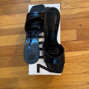 Schutz Black Crocodile Open Toe Mules